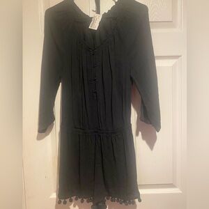 Aerie Black Long Sleeve Romper with Pom Pom Trim
